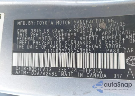 2005 Toyota Matrix из США, поврежденный, VIN 2T1KR32E05C490851